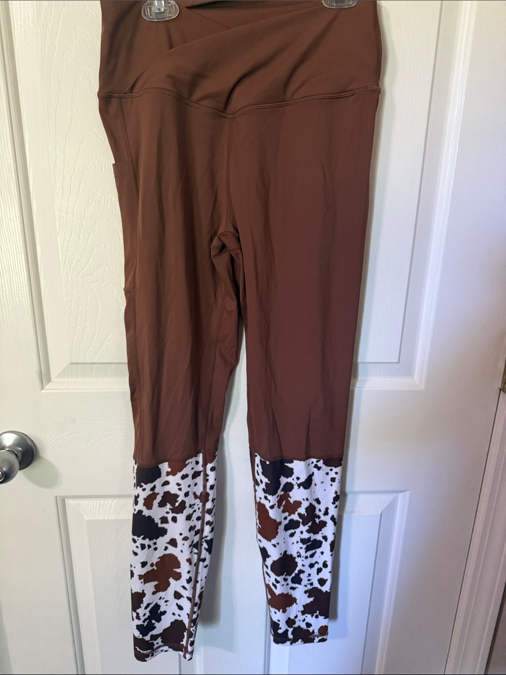 Women’s Ranch Dressn Brown Leggings with Cow-Print Ankle Panels